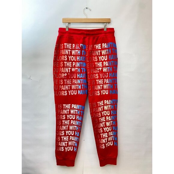 Snow Milk Brooklyn Red Hand Painted Upcylced Sweatpants Size Large New RARE! - Picture 2 of 8